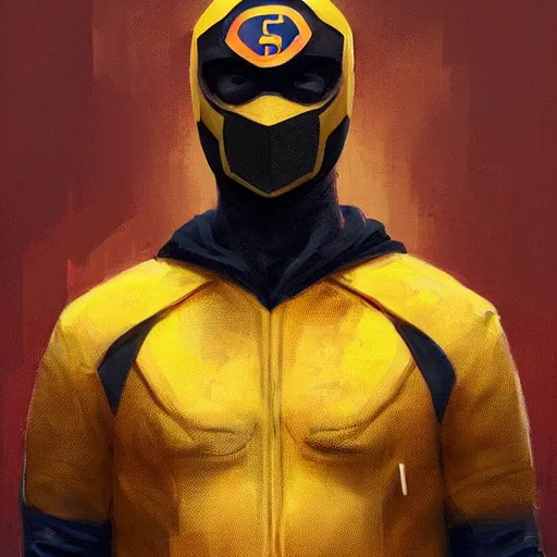 Prompt: portrait of a superhero by greg rutkowski, he looks like miles teller, he is wearing a black, orange and yellow kevlar gear with a mask, highly detailed portrait, digital painting, artstation, concept art, smooth, sharp foccus ilustration, artstation hq