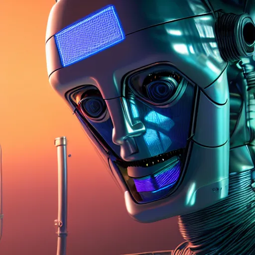 Image similar to hyperrealism stock photo of highly detailed stylish humanoid robot in sci - fi cyberpunk style by gragory crewdson and vincent di fate with many details by josan gonzalez working in the highly detailed data center by mike winkelmann and laurie greasley rendered in blender and octane render