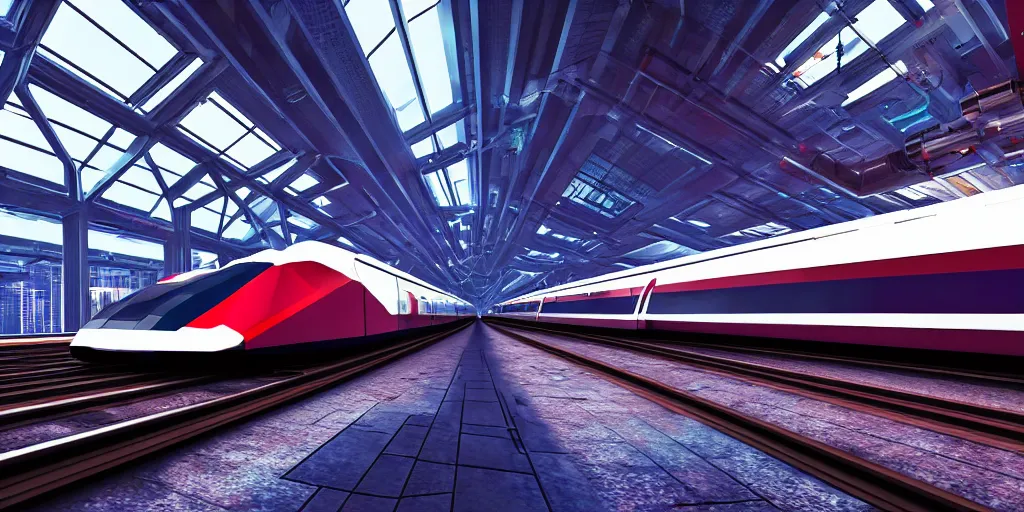 Image similar to a cyberpunk maglev train riding though futuristic station, blocky futuristic cityscape in background, gorgeous lighting and metallic reflection, eurostar, maroon and blue accents, 8k, high detail
