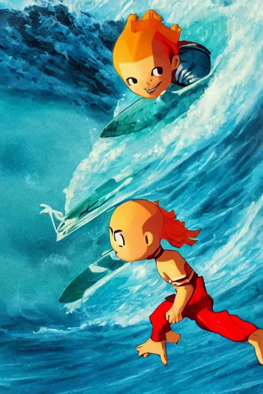 Image similar to close up still shot of young aang surfing on an elephant koi fish, from the live action movie the last airbender, 3 5 mm, highly detailed, dynamic lighting