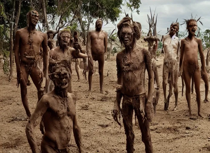 Image similar to sensual scene from art house film by alejandro jodorowsky, roger ballen, surreal dance scene of ritual in a picturesque outdoors setting, ashes, new guinea mud man, costumes, snakes, smoke, close - up of the actors'faces, sharp, medium format 6 x 6, 1 6 k