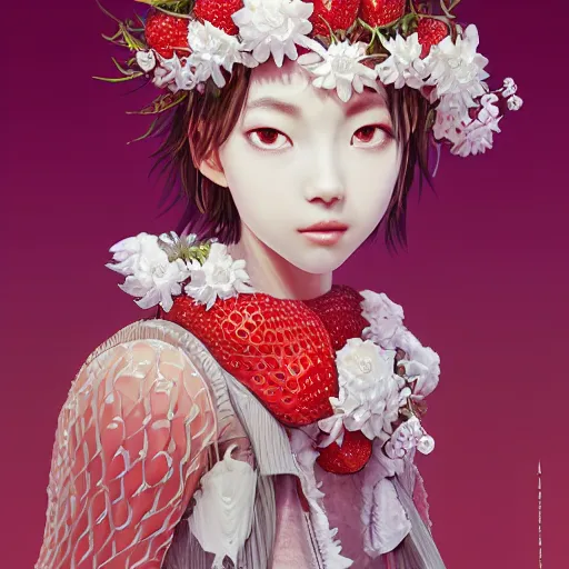 Image similar to the portrait of an absurdly beautiful, graceful, elegant, sophisticated, fashionable young japanese idol made of strawberries and white petals with tears, an ultrafine hyperdetailed illustration by kim jung gi, irakli nadar, intricate linework, bright colors, octopath traveler, final fantasy, unreal engine 5 highly rendered, global illumination, radiant light, detailed and intricate environment