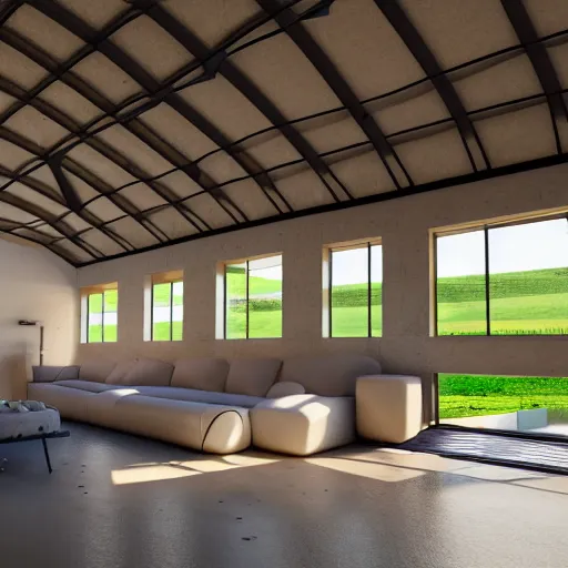 Prompt: interior view of modern futuristic farm barn architecture and interior design showing cows laying down on sofas and pigs and chickens sitting in lounge chairs, wall art, throw pillows, areas rugs, feed troughs, hay, detailed luminescent oil painting 4 k