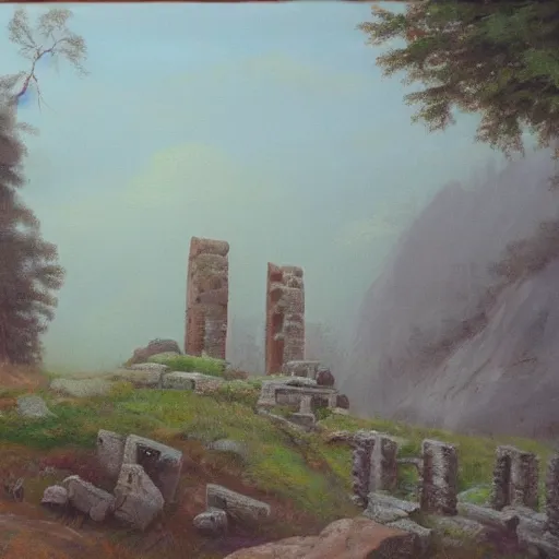 Prompt: ancient ruins in an alpine valley, fog cover, oil painting n -9