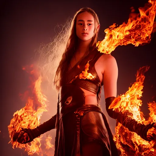 Image similar to full body of alycia debnam carey as a pyromancer , aruze colour aura, dreamwalker, EOS R5, f/2.8, HDR, studio light, medium close shot, dynamic pose, award winning photograph, Michelangelo style