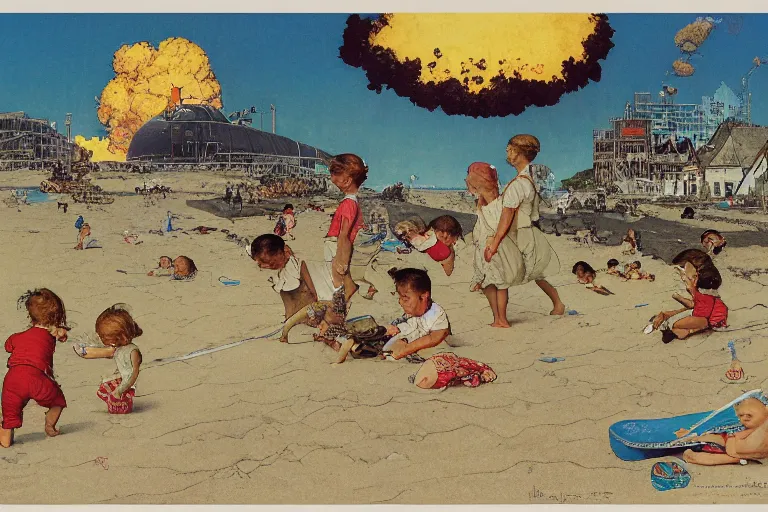 Image similar to children playing at the beach, huge atomic explosion in the background, isometric, detailed, by norman rockwell, by mattias adolfsson, by moebius, oil on canvas,