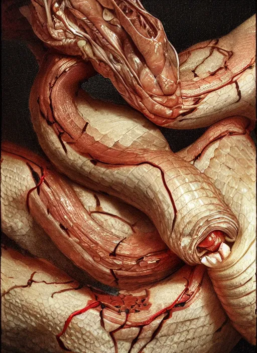 Prompt: snake with three heads with translucent skin, visible muscles and veins and arteries and bones and spines and nerves, beautiful detailed intricate insanely detailed octane render, 8k artistic photography, photorealistic, chiaroscuro, by David Cronenberg, Raphael, Caravaggio