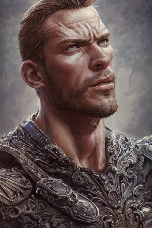 Image similar to muscled ruggedly handsome hero, intricate, elegant, highly detailed, centered, digital painting, artstation, concept art, smooth, sharp focus, illustration, art by artgerm and donato giancola and Joseph Christian Leyendecker, Ross Tran, WLOP