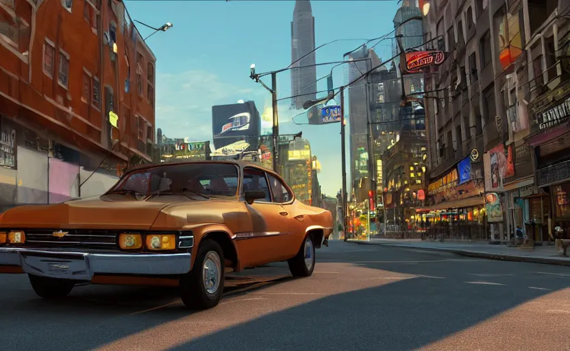 Prompt: a chevrolet opala parked near a classic ny bar at sunrise, concept art, hyperrealistic, octane render, unreal engine 5, path traced, highly detailed, high quality, 8 k, dramatic lighting, cinematic, high coherence, symmetrical, high contrast, 1 9 8 0 s style, lens flare, godrays