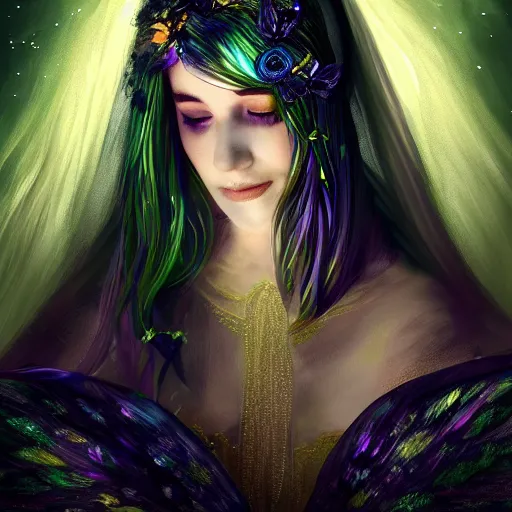 Prompt: detailed portrait of a fairy queen with wings wearing a silk and lace robe and a lace hood over her face, pixie, realism, emerald, galaxy, sapphire,blonde hair going down to the floor, moonlit, dark fantasy, dramatic lighting, cgsociety, artstation