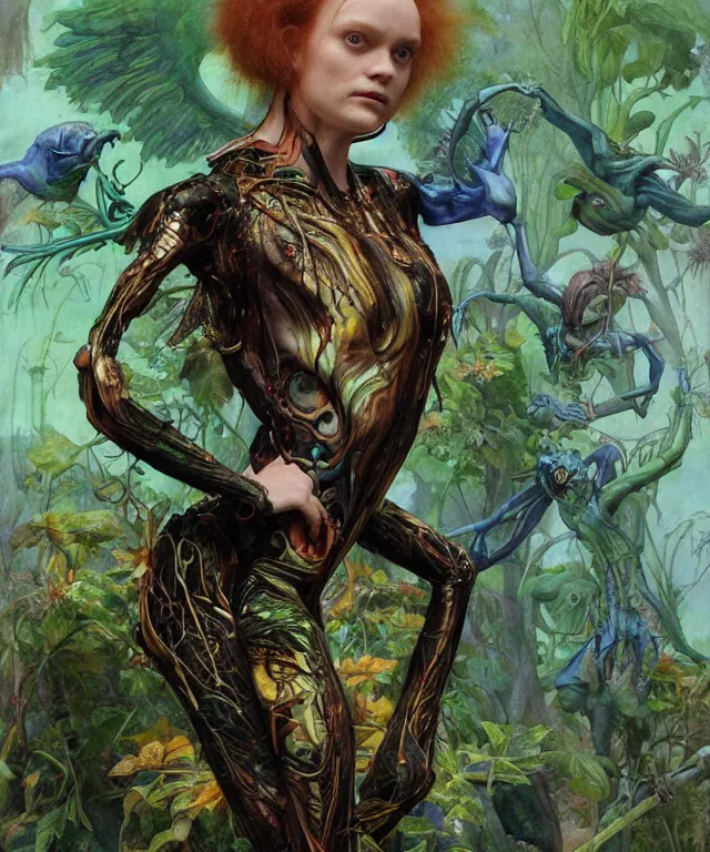 Image similar to a portrait photograph of a harpy cyborg with slimy skin being transformed into a beautiful alien. she looks like sadie sink and is wearing a colorful infected sleek organic catsuit. by donato giancola, hans holbein, walton ford, gaston bussiere, peter mohrbacher and brian froud. 8 k, cgsociety, fashion editorial