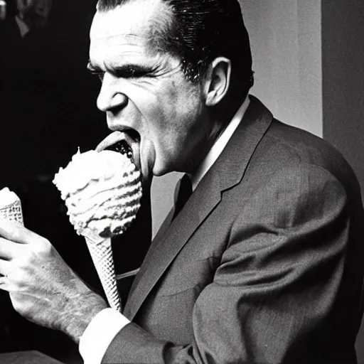 Prompt: richard nixon finding delight in an ice cream cone devouring it with a disturbingly large mouth, picture, award winning