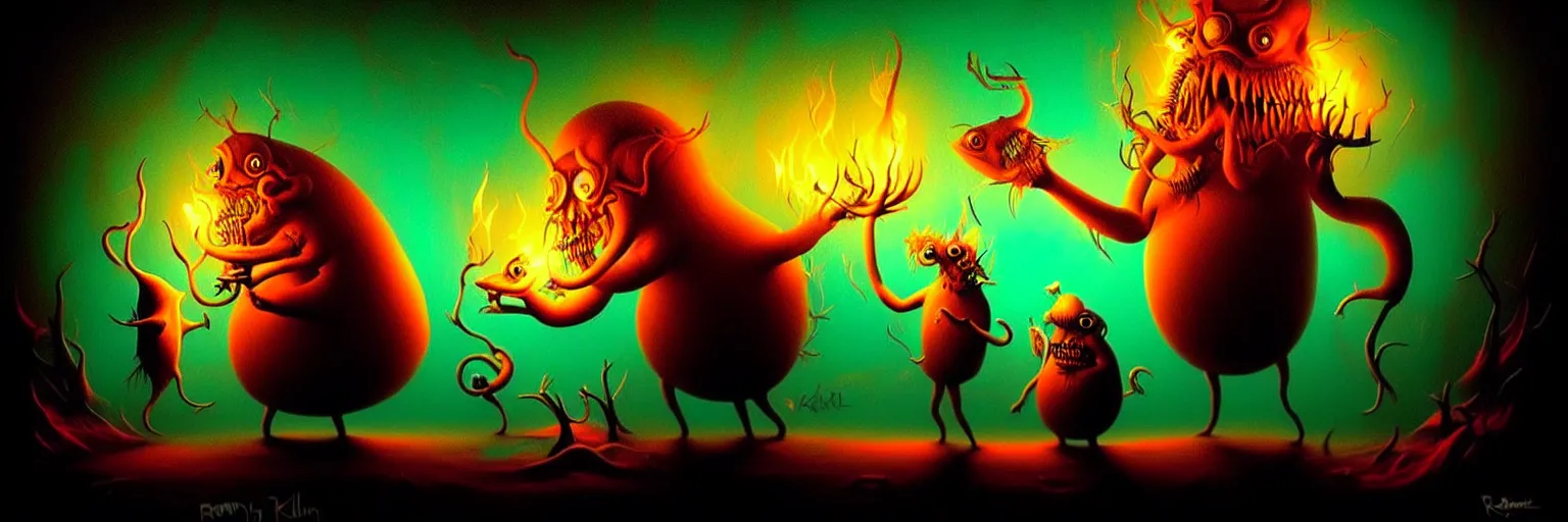 Prompt: whimsical creature freaks from the depths of the imagination, dramatic lighting from fire glow, surreal dark uncanny painting by ronny khalil