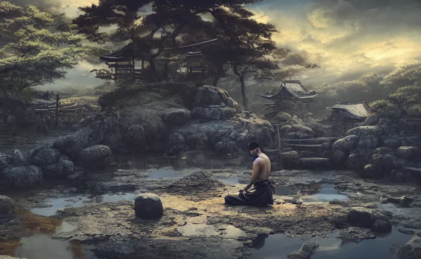 Image similar to highly detailed digital illustration of samurai kneeling in the blue puddle in old, ruined, japanese village from sengoku period, surrounded by the sea, with dark rocks, cinematic lighting, photobash, raytracing, volumetric lighting