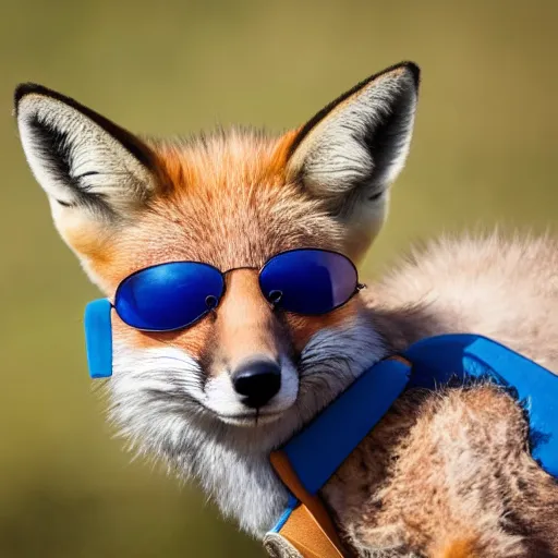 Prompt: close up of fox animal wearing a dark blue utility cap, sports sunglasses, and a bulletproof vest, 8 5 mm f / 1. 4