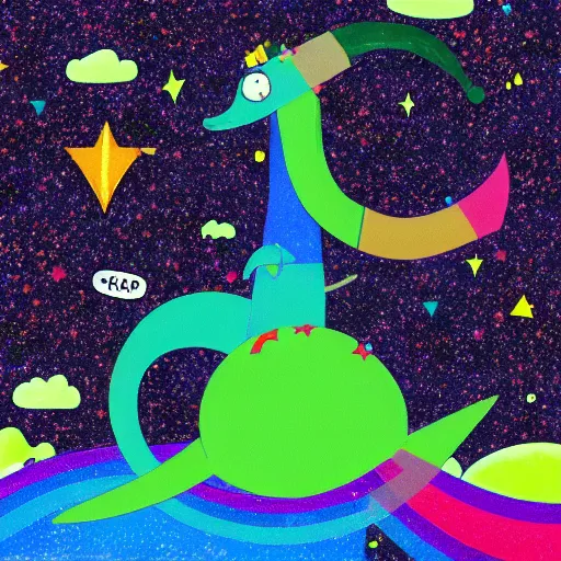 Image similar to a picture of the loch ness monster flying in space wearing rainbow colored slotted shapes, psychedelic, absurdism, ultrawide angle, stars in space, 4 k, artstation