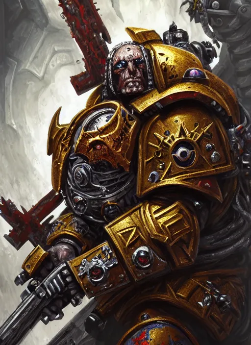 Image similar to portrait of a chaos space marine, intricate, warhammer, warhammer 4 0 k, highly detailed, digital painting, concept art, sharp focus, illustration, art by john blanche, by pedro nunez, by jaime martinez, by nacho molina