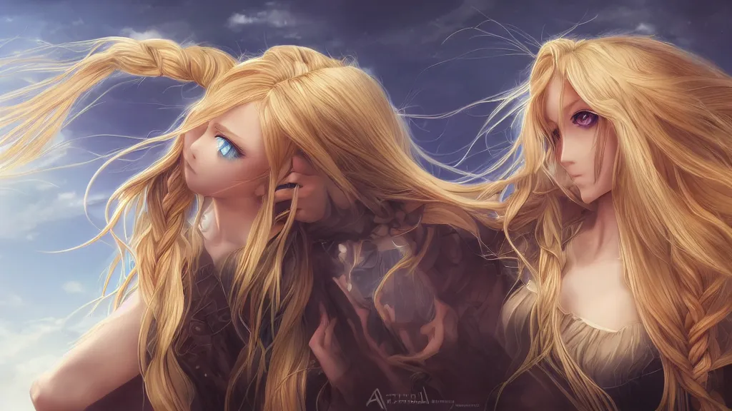 Prompt: foreground: very beautiful anime girl with long blonde hair, twisted braid by artgerm, background: golden grasslands, fantasy artwork, very very very very very beautiful scenery, hd, HDR, artstation