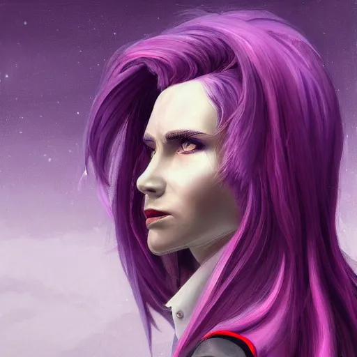 Prompt: highly detailed painting, side view, stoic awkward brilliant female vampire women with long purple hair, in flight suit, science fiction, artstation