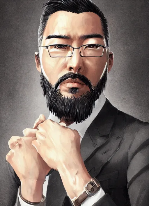 Prompt: a highly detailed illustration of serious short black haired asian man with goatee wearing suit, dramatic reading book pose, muscular, intricate, elegant, highly detailed, centered, digital painting, artstation, concept art, smooth, sharp focus, league of legends concept art, WLOP