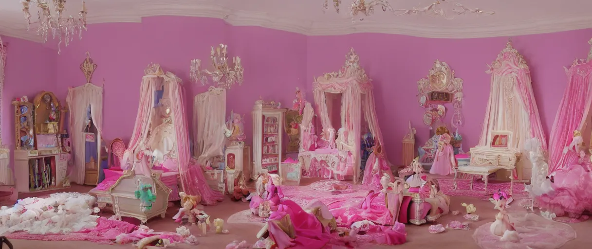 Image similar to movie still 4 k uhd 3 5 mm film color photograph of an princess room full of toys and dolls