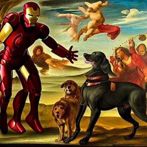 Image similar to renaissance painting of iron man as a dog