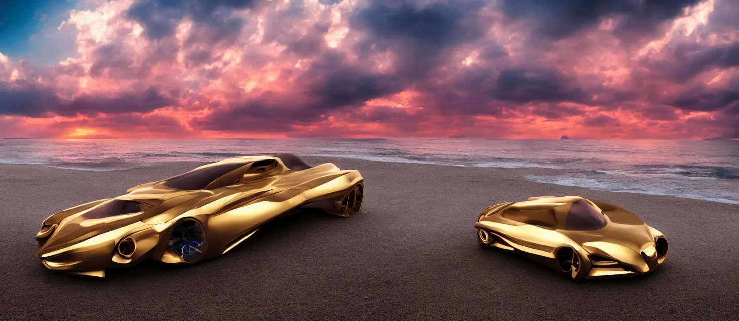 Image similar to futuristic golden luxury car from the year 2052, professional studio photography, dramatic lighting, clouds, colorful red sunset, on the beach, blue water