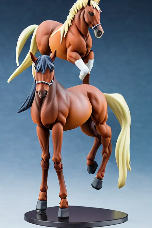 Image similar to still high quality figurine of horse jojo, tsurime eyes, tareme eyes, personification, dynamic pose, detailed product photo, featured on amiami, tone mapped, beautiful composition, 8 5 mm, f. 1 4