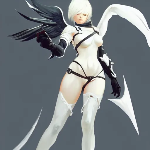 Image similar to greg manchess painting of a 2 yorha type a no. 2 as mercy from overwatch!! in a wartorn environment, white long hair, large white wings, organic painting, trending on artstation, by huang guangjian and gil elvgren and sachin teng
