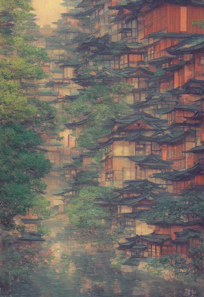 Image similar to a beautiful japanese city in the mountain, amazing ryokans and gorgeous edo era houses, fantastic non human character, epic cyberpunk, lofi vibe, colorful, vivide colors, amazing light, really beautiful nature, by jeremy lipkin, by claude monet, by makoto shinkai, kandinsky touches, inspired by ghibli, masterpiece, beautiful