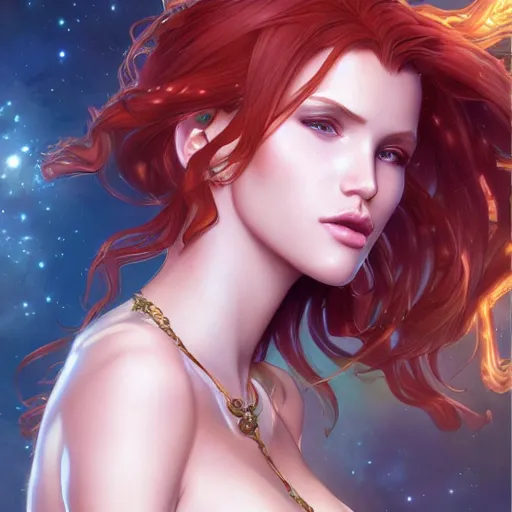 Image similar to ultra realistic illustration, bella thorne as starfire anime, intricate, elegant, highly detailed, digital painting, artstation, concept art, smooth, sharp focus, illustration, art by artgerm and greg rutkowski and alphonse mucha and wlop