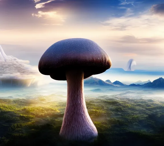 Image similar to a giant mushroom that stretches above the clouds with an upside down city built inside it's cap. highly detailed 8 k. intricate. lifelike. soft light. nikon d 8 5 0. cinematic post - processing