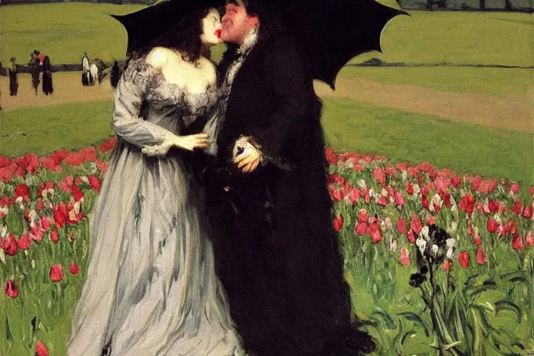 Prompt: hagrid and morticia addams kiss in a field of tulips, masterpiece, highly detailed, oil on canvas, art by walter sickert, john singer sargent, and william open