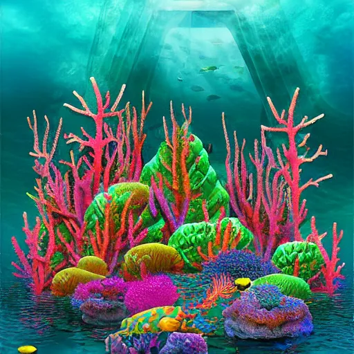 Prompt: underwater castle surrounded by colorful coral, digital art