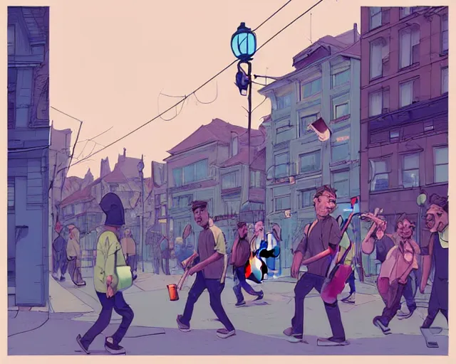 Image similar to a study of cell shaded cartoon of the concert of a music band playing music, street lamps, road, illustration, wide shot, subtle colors, post grunge, concept art by josan gonzales and wlop, by james jean, Victo ngai, David Rubín, Mike Mignola, Laurie Greasley, highly detailed, sharp focus, Trending on Artstation, HQ, deviantart, art by artgem