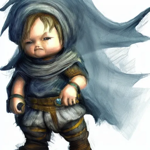 Image similar to Toddler concept art. Dark souls. Large head. Cute face.