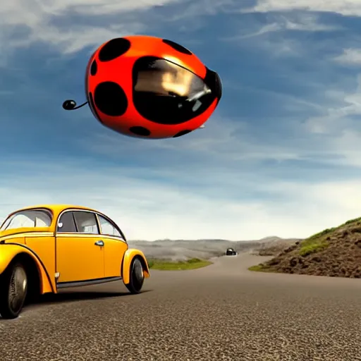 Image similar to promotional movie scene of a ( volkswagen beatle ) and ladybug hybrid. a ( volkswagen beatle ) merged into a ladybug. the hybrid is racing down a dusty back - road. cinematic, 4 k, imax, 7 0 mm