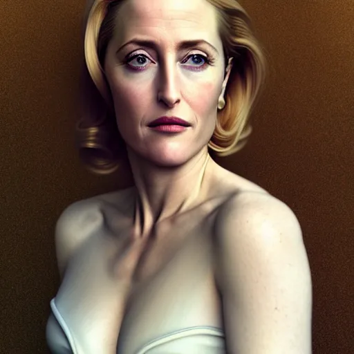 Image similar to Portrait, mugshot of Gillian Anderson, beautiful, pale skin, faint smile, elegant clothing, photorealistic, highly detailed, artstation, smooth, sharp focus, art by Klimt, artgerm, Greg Rutkowski and Alphonse Mucha natural light, Adobe Lightroom, photolab, Affinity Photo, PhotoDirector 365