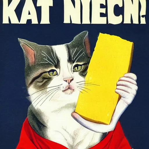 Image similar to a propaganda poster depicting a cat dressed as French emperor Napoleon holding a piece of cheese