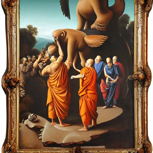 Image similar to hindu monks worshipping giant crow on greek senete baroque painting, lionardo davinchi