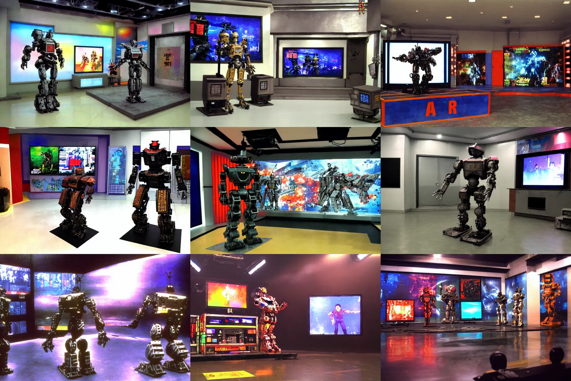 Prompt: armored core v robot standing on the small stage in the tv studio, colorful panels. funny indonesian tv show in 9 0 s. color vhs footage.