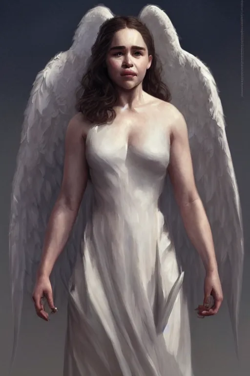 Prompt: Emilia Clarke as an Angel, anatomy, only two hands, highly detailed, digital painting, artstation, concept art, smooth, sharp focus, illustration, Unreal Engine 5, 8K, art by art by artgerm and greg rutkowski and edgar maxence