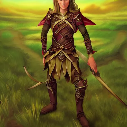 Prompt: fantasy portrait of an elf warrior with a field in the background, in the style of Josh Corpuz