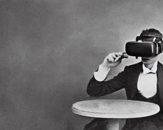 Image similar to an early 1800s photo of someone with a virtual reality headset, a tablefull of Big Macs behind them