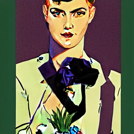 Prompt: Young Spanish man is Super Spy Captain, the Electric Boy, Art by Coles Phillips and Joshua Middleton, socks, Rene Magritte, succulent plants Chalk white skin, deep purple hair, Green eyes, Orange background, Mucha, Portrait of the man, surreal, ,carbon black and antique gold