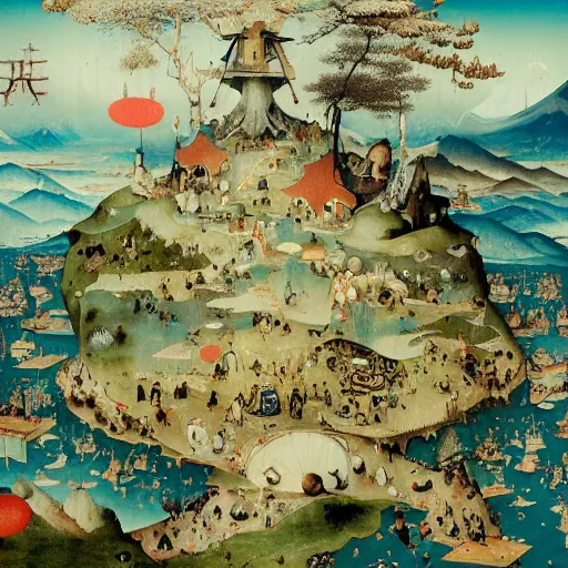 Prompt: Japanese Hills by Hieronymus Bosch and James Jean, Ross Tran, very coherent, HD, hypermaximalist, 8k, surreal oil painting, photo realistic, highly detailed, dream like, masterpiece