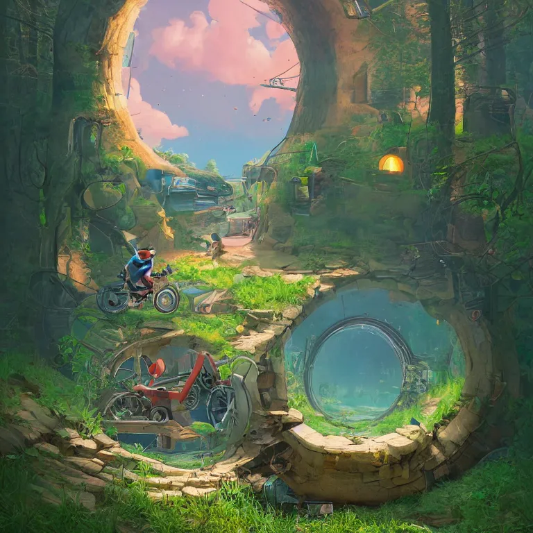 Prompt: A chipmunk riding a bike through a portal. Detailed digital matte painting in the style of simon stalenhag