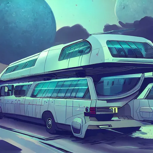 Prompt: space bus to Jupiter, Trending on Artstation, Hiroaki Tsutsumi style