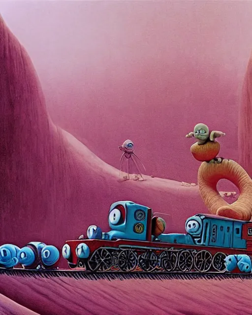 Prompt: still frame from thomas and friends by giger, happy teletubbies train by wayne barlowe, eldrich see thomas train by beksinski, grandiose demonic train with locomotive and endless wagons, 🚂