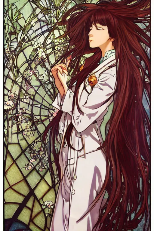 Image similar to Kurisu Makise in long lab coat tonemapped in the style of Ayami Kojima and Alphonse Mucha